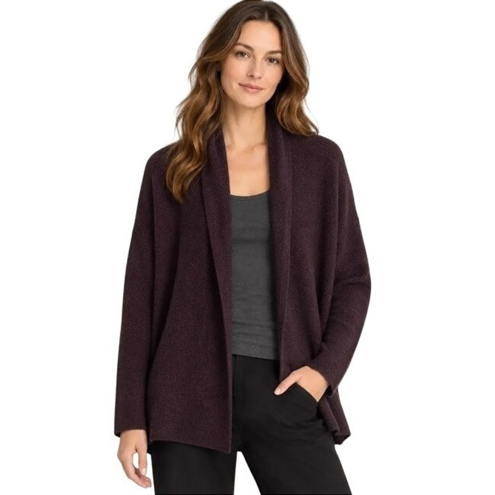 Eileen Fisher Merino Wool Cardigan Women S Eggpant Shawl Collar Open Front EUC